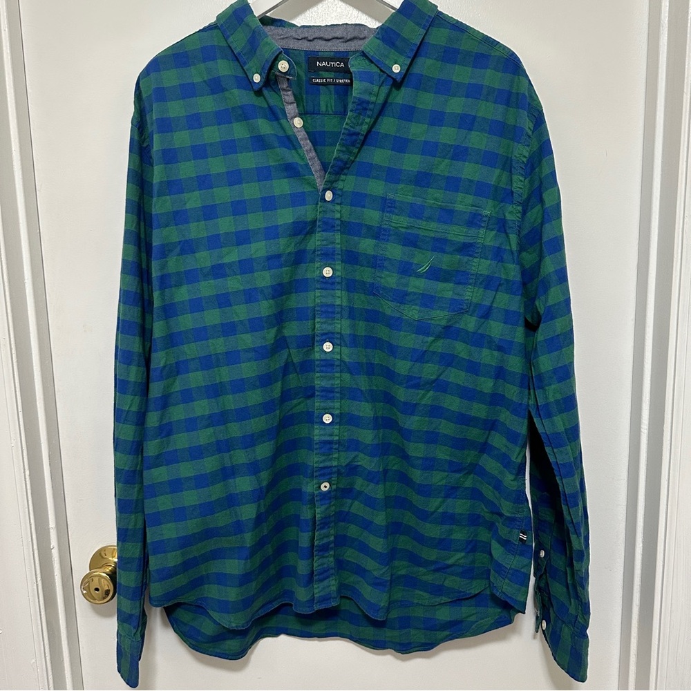 Nautica Button Down Shirt Collar Dress Shirt Green Blue Plaid Men’s